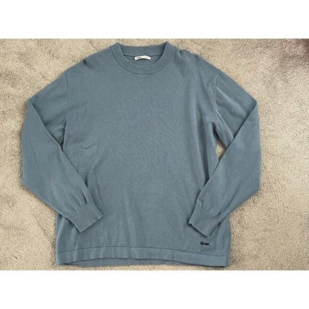 Zara Embroidered Blue Long Sleeve Pullover Sweater Mens Size L